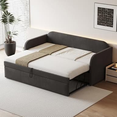 Dolamaní Sofá cama de 90/180 x 190 cm con cama de invitados, cama nido de la misma altura, cama extensible hasta cama doble, tela de lino, sin colchón (gris)