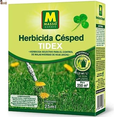 BricoLoco.com Herbicida selectivo césped Tidex hoja ancha. Para 250 m2. Fluroxipir. Control malas hierbas anuales y perennes (trébol, diente de león, correhuela, etc.). Sistémico (1)