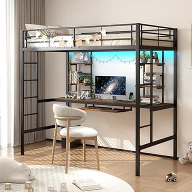 buiesjole Cama Alta Juvenil con Escritorio y Estantes, Eestructura de Cama de Metal 90x190 cm para Adultos Niños, Jóvenes, Cama Individual con Escaleras, Cama de Hierro Negro