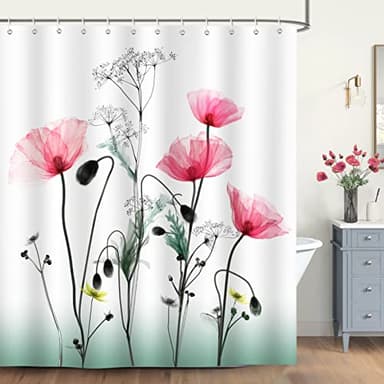 Bonhause Cortina de Ducha Flor Roja Amapola 180 x 200 cm Cortina de Baño de Poliéster Impermeable Antimoho Lavable Cortina Ducha con 12 Ganchos