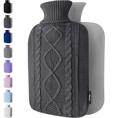 Botella de agua caliente con cubierta – Funda de punto suave – Gran capacidad de 1,8 l – Bolsa de agua caliente para aliviar el dolor, cuello y hombros (Gris Oscuro)