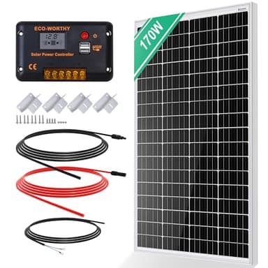 ECO-WORTHY Kit Panel Solar Monocristalino de 12V 170W con Controlador de Carga de 30 A + Kit de Adaptador Solar de 5m + Soportes Z, Fuera de La Red, Adecuado para Caravanas, Barcos