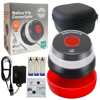 Kit de seguridad con Baliza de Emergencia V16 Geolocalizada y Conectada DGT 3.0 - Incluye Adaptador, Cable de alimentación y Funda antigolpes