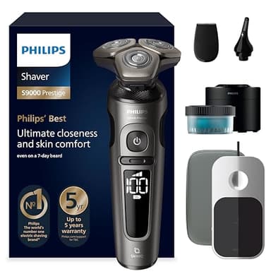 Philips S9000 Prestige, Afeitadora Eléctrica Hombre, Máquina de Afeitar Barba en Seco y Mojado con Tecnología SkinIQ, Funda Premium, Carga Qi, Recortador de Precisión, Centro de Limpieza, SP9882/36