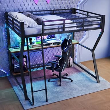 KecDuey Cama alta, 90 x 200 cm, cama de metal con luz ambiental a distancia, estructura de cama con estante para consola de ordenador, escritorio, enchufe+USB, barandilla, escalera, sin colchón