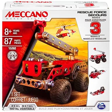 MECCANO- 3 MODELOS DE COCHES DE EMERGENCIA - Rescue Squad 3 Modelos de Vehículos de Emergencia para Construir - Juego de Construcción con 2 Herramientas y 87 Piezas - 6026714 - Juguetes Niños 8 años+