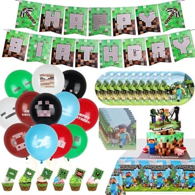Decoración de Cumpleaños Miner Game - 105 Unidades, Incluye Globos, Adornos para Tartas, Decoración de Mesa, Pancartas y Platos