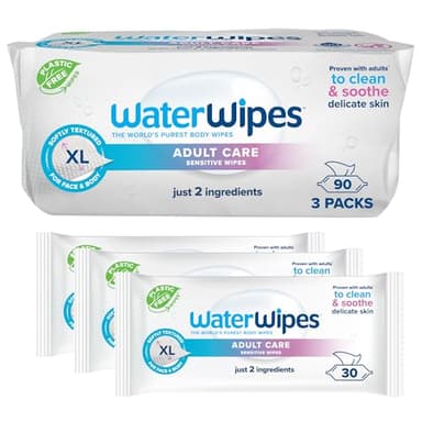WaterWipes Cuidado Sensible para Adultos Toallitas húmedas, 90 Toallitas (3 Packs), Extra grandes, Toallitas con Base de Agua, diseñadas para Limpieza de todo el Cuerpo