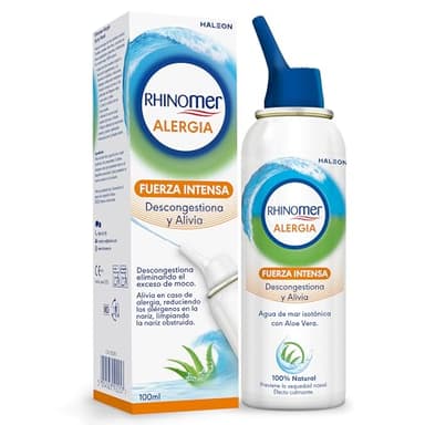Rhinomer Alergia Spray Nasal 100% natural, Agua de mar isotónica con Aloe Vera, descongestiona y alivia en caso de alergia, Fuerza Intensa para adultos, 100 ml
