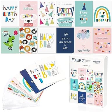 Exerz Paquete múltiple de 24 tarjetas de felicitación surtidas para cumpleaños – 12 diseños x2 tarjetas de feliz cumpleaños. Adecuado para niños y adultos, niños y niñas.