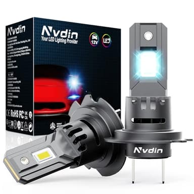 Nvdin bombillas h7 led 28000lm, lámpara para faros de coche y moto, muy compacto y montaje directo, tamaño halógeno 1:1, kit de luces de 12v para luces largas o cortas, 6000k blanco