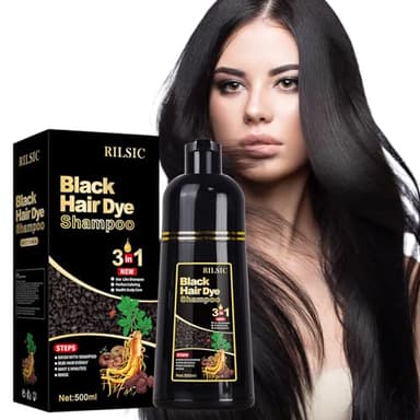 RILSIC Hair Dye Shampoo 3 en 1 Cubre Canas, 500ML Black Hair Dye Shampoo 3 en 1,Hair Color, Champú Color Tinte Pelo Barba Champu Canas Instantáneo,Cobertura De Canas En En Minutos para Hombres Mujeres
