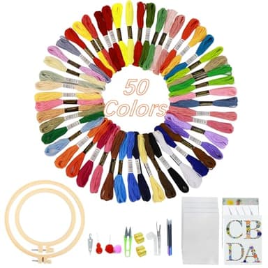 xiruiubao Kit Bordado Principiantes, Kit Completo de Bordado de 50 Colores de Hilo, 2 Bastidor para Bordar y Herramienta de Punto de Cruz para Adultos y Niños Principiantes, Embroidery Kit
