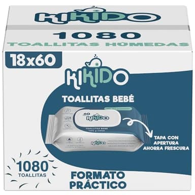 Kikido Toallitas Bebe Humedas - 1080 Unidades, 18 Paquetes de 60 Toallitas para Recién Nacidos - Caja Toallitas Humedas - Fórmula Suave sin Alcohol para Pieles Sensibles