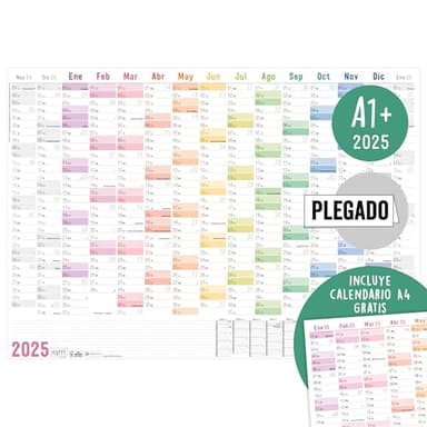 Häfft® Calendario de pared XXL 2025 A1+ en español (63 x 89 cm) plegado «Arco Iris» + planificador anual A4 de regalo, días festivos de España - sostenible y respetuoso con el clima