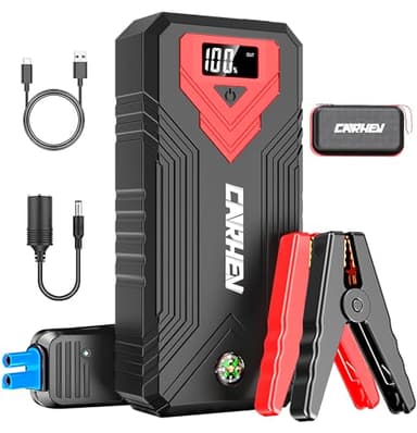 CARHEV Arrancador de Baterias de Coche, 3000A 24000mAh (para Todo Vehículo 8L de Gasolina o 8L de Diesel), 12V Booster con carga rápida USB y pantalla LCD