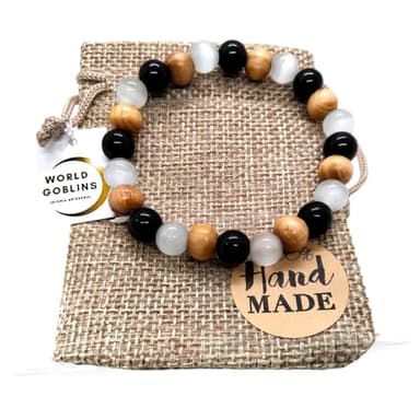 WORLD GOBLINS Pulsera de Piedras Naturales Elástica - Protección Contra Malas Energías - Selenita, Turmalina Negra y Palo Santo - Hecha a Mano 100% - 18cm para Mujer - Bolsa de Yute Artesanal