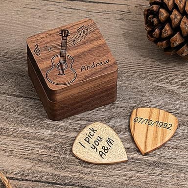 Púas de guitarra de madera personalizadas con funda, soporte para púas de guitarra personalizadas, caja de púas para músicos, regalo de cumpleaños para el día del padre, Navidad, cumpleaños para