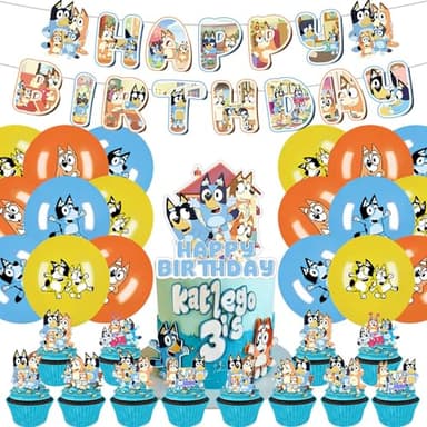 DKDDSSS 32 Piezas Decoracion Cumpleaños Bluey, Cumpleaños Decoración, Bluey Decoración de Cumpleaños Infantiles, Globos Cumpleaños, Incluyen Pancarta, Adornos para Tartas, Globos