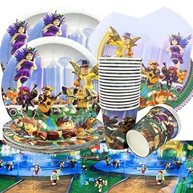 Doyomtoy 61Pzas Juego Roblox Vajilla para Cumpleaños de Niños, Set de Platos de Papel para Fiestas, Incluye Mantel, Platos, Vasos, Servilletas para Baby Shower, Bodas, Aniversarios (20 Invitados)