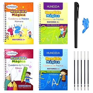 YANSYUN Caligrafia Niños 4 Libros, Cuaderno Reutilizable Caligrafía con Bolígrafos Mágicos y Correctores de Postura de Dedos