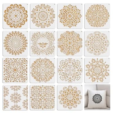 MWOOT 15 Mandalas Plantillas para Pintar,Pequeño Mandalas Stencil Plantillas,Mandala Flor Dibujar,DIY Plantillas para Pintar Paredes,Reutilizable Plantillas para Pintar Muebles Teja Tile(15.1x15.1CM)