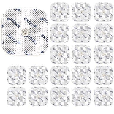 20 electrodos axion de 5x5 cm | Compatibles con electroestimuladores COMPEX | Parches de recambio para TENS y EMS reutilizables y autoadhesivos | Conector botón de 3,75 mm