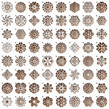 MWOOT 64 Piezas Mandala Painting Stencil,DIY Plástico Escala Plantilla para Pintar Reutilizable Template de Dibujo,Plantillas para Pintar en Piedra Roca Tela Parede Lienzos Decoración(7.62x7.62CM)