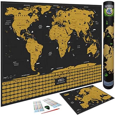 WIDETA Mapa del mundo a rascar con banderas de países (60 x 42 cm)/ Incluidos Mapa de Europa, adhesivos y herramienta de raspado