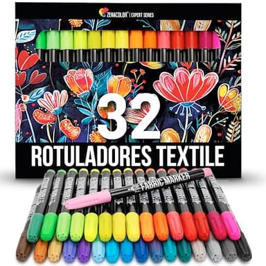 Zenacolor 32 Rotuladores Textiles - Pintura Textil Permanente y Lavable - No Tóxica y Indeleble, Pintura Para Tela con Punta Fina - Perfecto para Camisetas, Bolsas, Tote Bag - Para Niños y Adultos