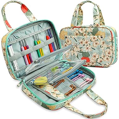 Coopay Organizador de Tejer y Ganchillo, Bolsa de Herramientas de Ganchillo, Bolso de Mano con Bolsillos de con Cremallera, para Agujas Circulares intercambiables,Ganchillo y Otro Accesorios