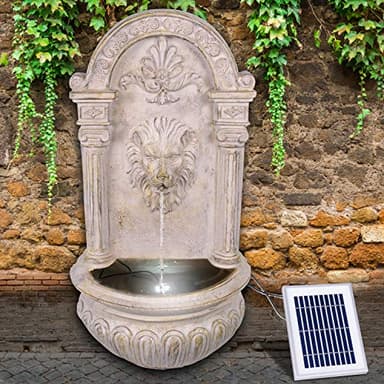 Fuente de jardín Fuente Solar Baño para pájaros Cascada Decoración de jardín con Bomba Fuente de Agua para jardín Terraza Fuente de Pared Balcón Fuente de león Muy Decorativa Luz LED Luz de jardín