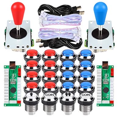 EG STARTS 2 Jugadores Ellipse Arcade Kit Oval Bat Joystick Mangos LED Cromados Arcade Botones para Arcade Gamepads y Controlador estándar Juegos de Bricolaje MAME Parts (Rojo Azul)