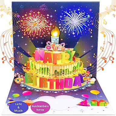 FITMITE Tarjeta de cumpleaños con música con luz LED soplada en 3D, tarjeta de cumpleaños con luces, regalo de feliz cumpleaños para esposa, mejor amiga, niños, hermanas, familia.
