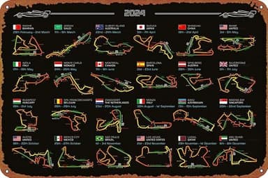 IEITB Póster artístico de mapa del circuito F1 2024 con logotipo de estaño, póster de metal vintage para familia, club, bar, cafetería, dormitorio, decoración de pared, regalo, 8 x 12 pulgadas