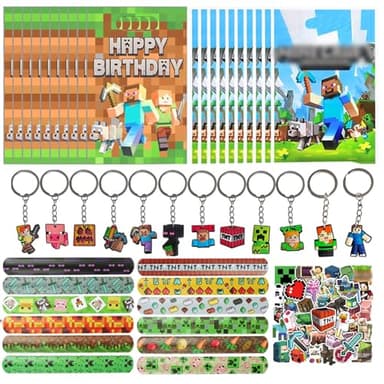 Videojuegos Fiesta Cumpleaños Niños Regalos, 94 Pcs Mine Regalos Fiesta los Niños, Videojuegos Miner Artículos de Fiesta Llaveros Pegatinas Bolsa Regalo Pegatinas, Fiesta Cumpleaños Suministros