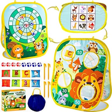 Juego de Lanzamiento Niños, Funsland Juego de Lanzamiento de puf 3 en 1 para niños y Exteriores Plegable Portátil Deportes Toss Game para Actividades Jardín o Fiestas, Regalos Niños 4-8 Años