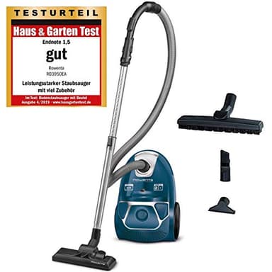Rowenta RO3950 Aspiradora con bolsa, Extremadamente silenciosa, Filtro higiénico, Con boquilla para parquet, Color Azul